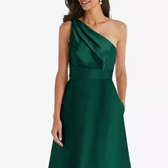 ALFRED SUNG Gown Size 2 NEW Draped One-Shoulder Satin Maxi Pockets Emerald Green - Picture 8 of 8